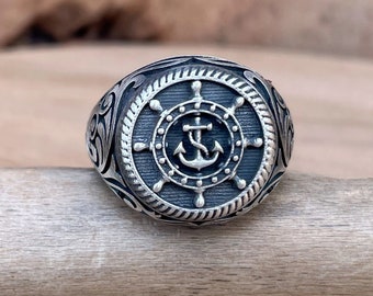 Anillo de sello de ancla de plata 925, el mejor regalo para él, anillo de ley para hombre marinero, anillo de sello oxidado para hombre, regalo para novio