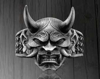 Sterlingzilveren ring duivelsmasker – gotisch Hannya Oni-ontwerp