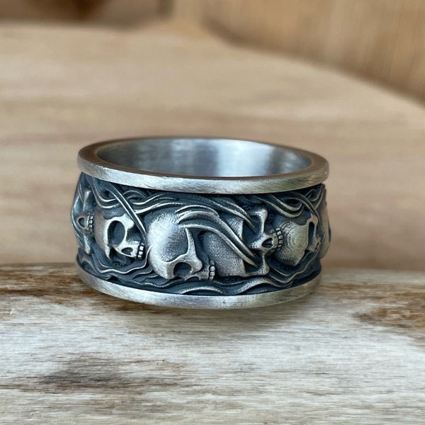 Gothic Skull Ring in Oxidized Sterling Silver, Mens Wedding Ring, Engraved Goth Engagement Ring For Men, Witch Ring For Best Friend Gift