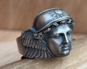 Sterling Silver Hermes Ring – Greek Mythology, Messenger God Design, Oxidized Finish
