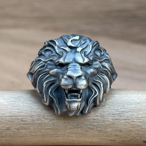 925 Sterling Silver Lion Head Ring – Oxidized Handmade Men&#39;s Statement Ring, Gothic Leo Zodiac Jewelry, Unique Gift for Him