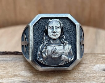 Bague Jésus faite main en argent sterling 925 pour lui, bague en argent croix Jésus-Christ, cadeau bagues pour chrétiens, bague religieuse pour père