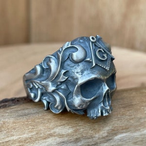 925 Sterling Silver Masonic Skull Ring – Freemason Biker Ring, Occult Symbol Jewelry for Men