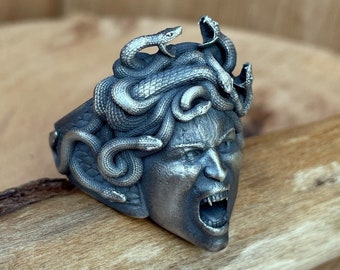 Sterling Silver Medusa Ring: Engraved Snake Gorgon, Gothic Jewelry