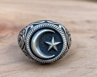 Sterling Silver Crescent Star Ring: Ottoman Design Statement Ring
