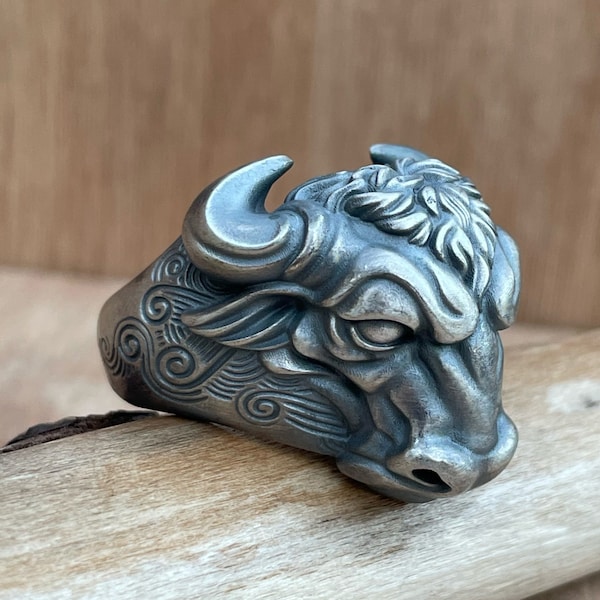 Silver Taurus Ring - Mens Bull Head Ring 925k Sterling Minotaur Unique Biker Ring For Man Gothic Signet Mens Jewelry Gift Boyfriend Husband