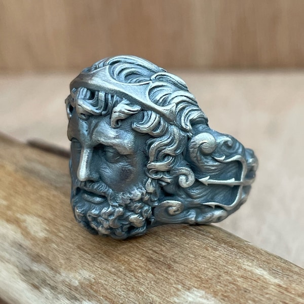 Silver Poseidon Ring - Mens Neptune Ring 925k Sterling Greek Gods Ring Unique Biker Ring For Man Gothic Men Jewelry Gift Boyfriend Husband