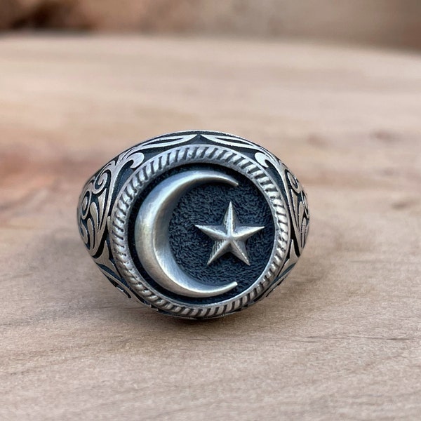 Mens Moon and Star Ring Gift for Him,Oxidized Ottomon  Silver Ring For Birthday ,Ottoman Rings For Men ,925 Signet Ring,Gift for Special Day