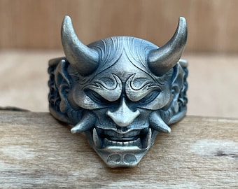 Sterlingzilveren duivelmaskerring: handgemaakte gotische Hannya Oni-ring