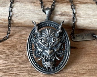 Silver Dragon Pendant - Mens Oni Mask Necklace - 925k Sterling Hanya Ghost Amulet Gift For Boyfriend & Husband Unique Mens Jewelry Gift Him