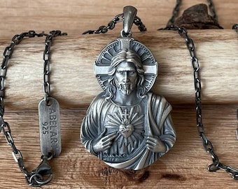 Sacred Heart Of Jesus Pendant - Mens Jesus Necklace - 925k Sterling Religious Amulet Gift For Boyfriend Husband Unique Mens Jewelry Gift Him