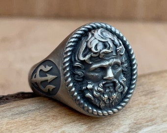 Handmade Sterling Silver Poseidon Ring: Greek Mythology Jewelry