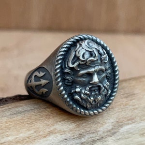 Silver Poseidon Ring, Men&#39;s Neptune Ring, Greek Mythology Jewelry, Ocean God Ring, Handmade Sterling Silver Jewelry