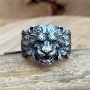 925 Sterling Silver Lion Head Ring – Oxidized Handmade Men&#39;s Statement Ring, Gothic Leo Zodiac Jewelry, Unique Gift for Him