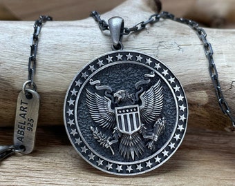 American Eagle Pendant - Mens Bald Eagle Necklace - 925k Sterling Eagle Amulet Gift For Boyfriend & Husband Unique Mens Jewelry Gift Him