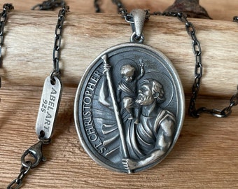 Mens St Christopher Pendant, Saint Christopher Necklace, Silver Christian Pendant, Religious Accessory, Christian Amulet, Men Gift Pendant