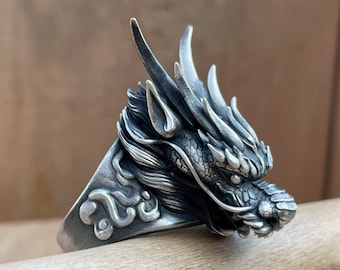 Silver Dragon Ring - Mens Dragon Head Ring 925k Sterling Fantasy Ring Unique Biker Ring Man Gothic Signet Men Jewelry Gift Boyfriend Husband