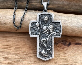 Saint Michael Archangel Necklace: 925 Sterling Silver Cross Pendant