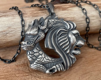 Mens Dragon Pendant – Silver Dragon & Lion Crest Necklace – Medieval Mythical Beast Jewelry – 925 Sterling Silver Gothic Pendant