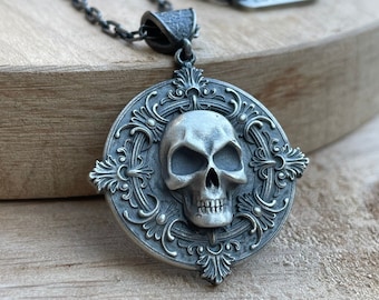 Memento Mori Skull Medallion: Gothic Sterling Silver Pendant Necklace