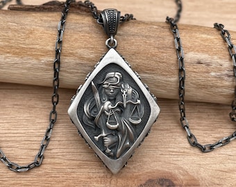Handmade Oxidized Sterling Silver Themis Necklace: Goddess of Justice Pendant