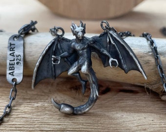 Silver Devil Pendant - Mens Baphomet Necklace 925k Sterling Satanic Lucifer Charm Gift For Husband Boyfriend  Unique Mens Jewelry Gift Him