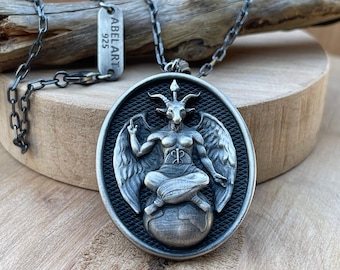 Occult Esoteric Witchcraft Occultism Satanic Mendes goat gift, Altar Silver Necklace,Satanic Lucifer Baphomet 925 sterling Silver Necklace