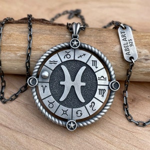 Pisces Astrology Sterling Silver Men Charm Necklace Birthday Gift, Pisces Zodiac Sign Jewelry,  Pisces Birthday Gift, Horoscope Men Necklace