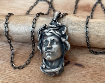 Sterling Silver Medusa Pendant: Engraved Greek Mythology Necklace