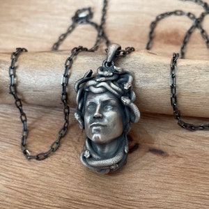 Gorgon Medusa Pendant – Sterling Silver Engraved Necklace – Greek Mythology Jewelry – Snake Hair Amulet for Strength & Mystery