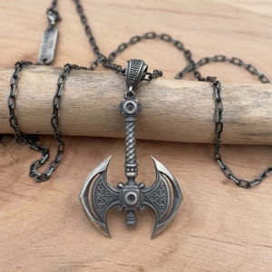 Double Axe Pendant - Oxidized 925 Sterling Silver Viking Axe Necklace - Norse Mythology Jewelry - Handmade Warrior Gift