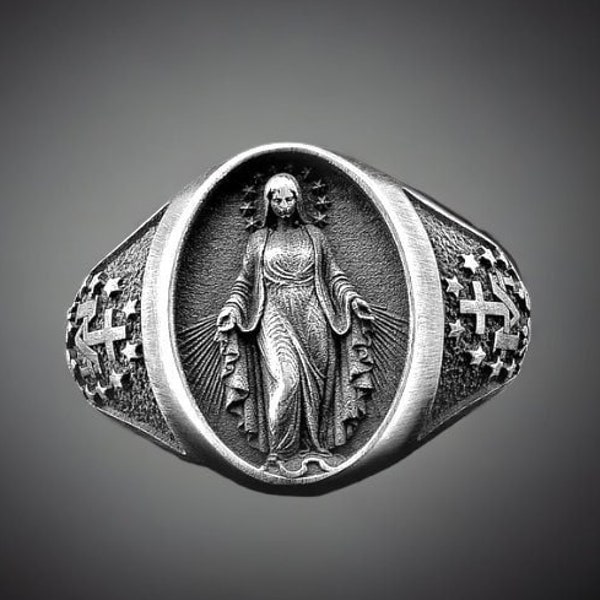 Silver Virgin Mary Ring -Men Our Lady of Grace Ring 925 Sterling Miraculous Unique Biker Ring For Man Gothic Signet Men Jewelry Gift Husband