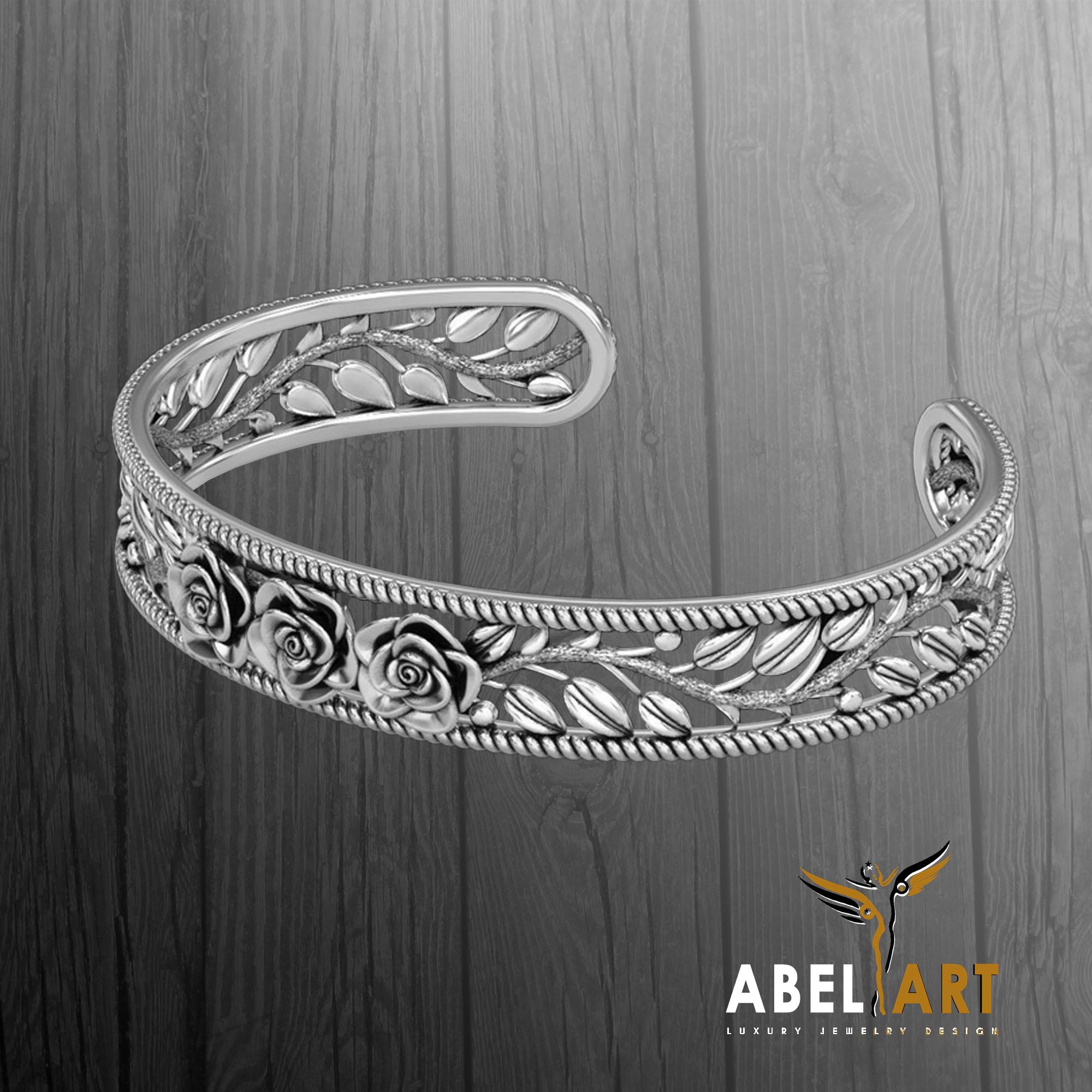 フローラルスターリングシルバーカフブレスレット：テクスチャード