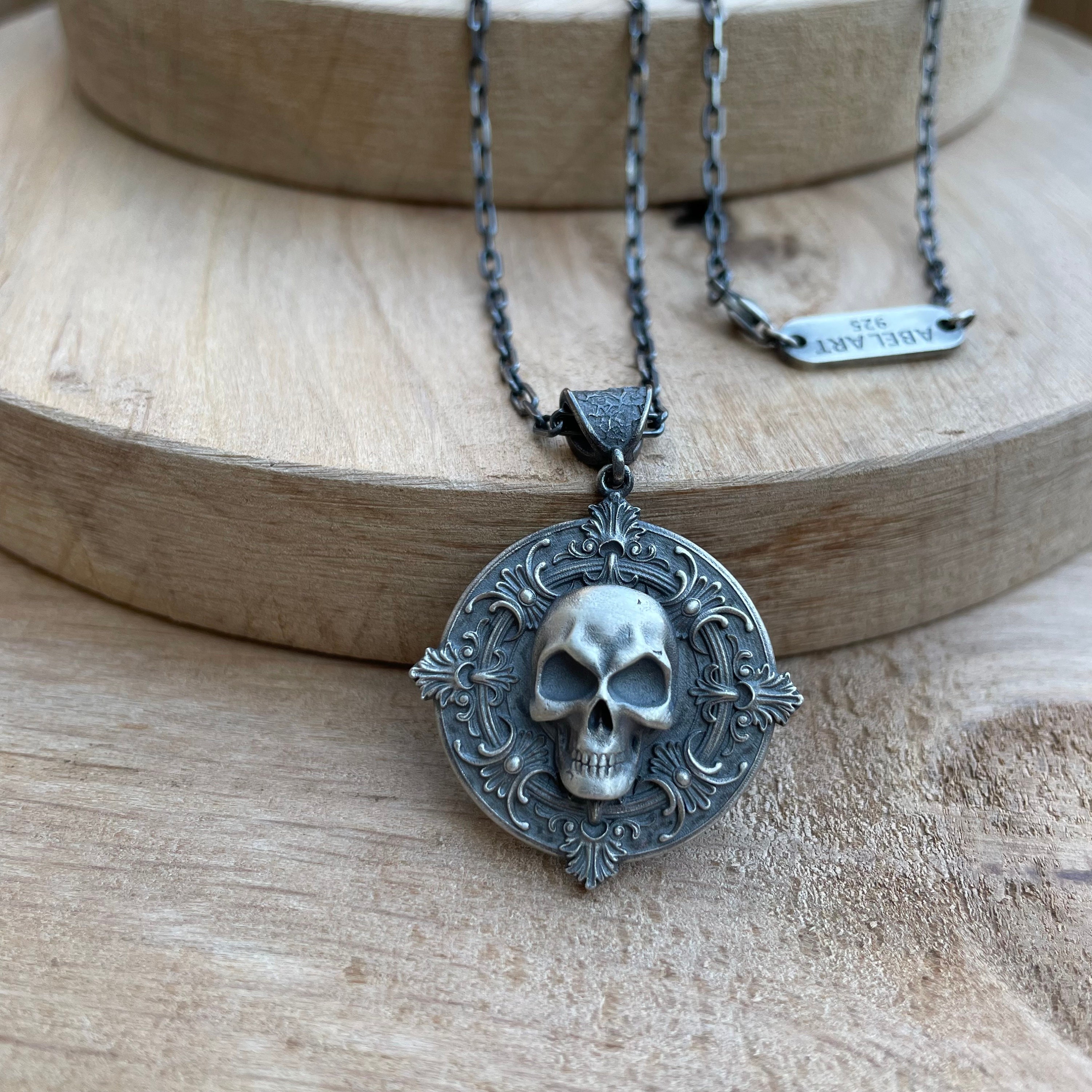 Memento Mori Skull Medallion: Gothic Sterling Silver Pendant Necklace ...