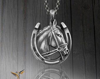 Elegante caballo criado en herradura plata esterlina hombres encanto collar, joyería de plata de herradura, colgante de herradura, collar de caballo animal