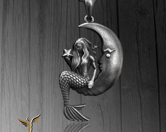 Oxidized Sterling Silver Mermaid Moon Necklace: Personalized 925 Silver Gift