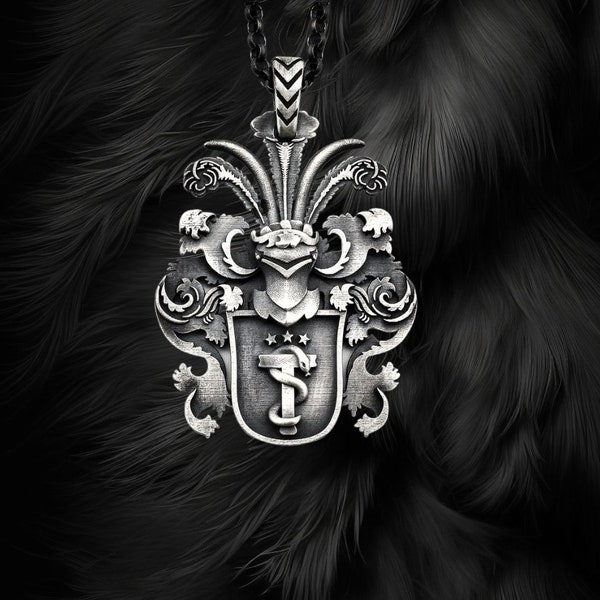 Custom Silver Family Crest Pendant- Coat Of Arms Necklace- 925k Sterling Heraldry Charm- Gift For Boyfriend&Husband Unique Mens Jewelry