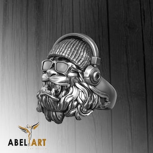 925 Sterling Silver Hipster Lion Head Ring – Chunky Handmade Ring with Sunglasses & Headphones, Unique Bold Statement Gift for Him