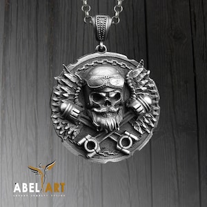Silver Biker Skull Pendant - Men&#39;s Gothic Biker Jewelry - Sterling Silver Statement Necklace - Symbol of Rebellion and Strength