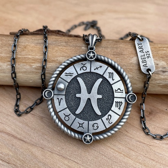 Pisces Astrology Sterling Silver Men Charm Necklace Birthday Gift