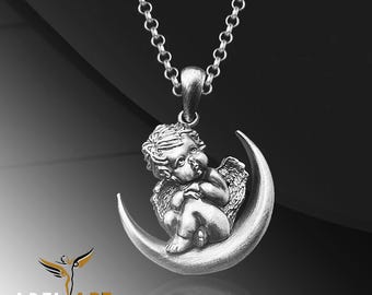 Sterling Silver Angel on Moon Necklace: Cherubic Pendant Jewelry