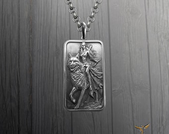 Sterling Silver Wolf Goddess Pendant - Mythical Warrior Medallion