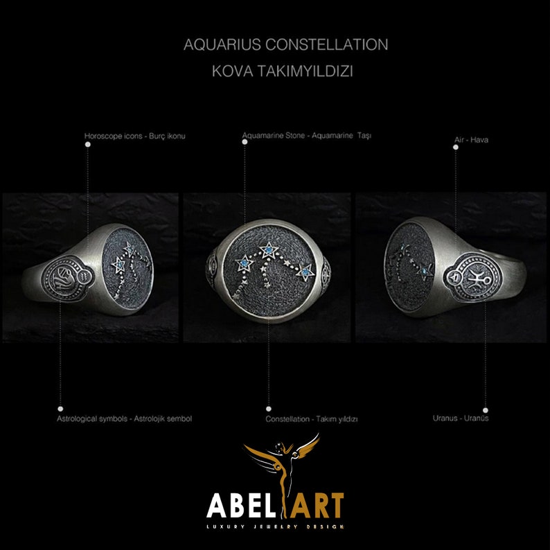 Aquarius Constellation Silver Ring with Gemstones, Aquarius Memorial Rings, Aquarius Astrological Silver Ring, Aquarius Zodiac Birthday gift image 4