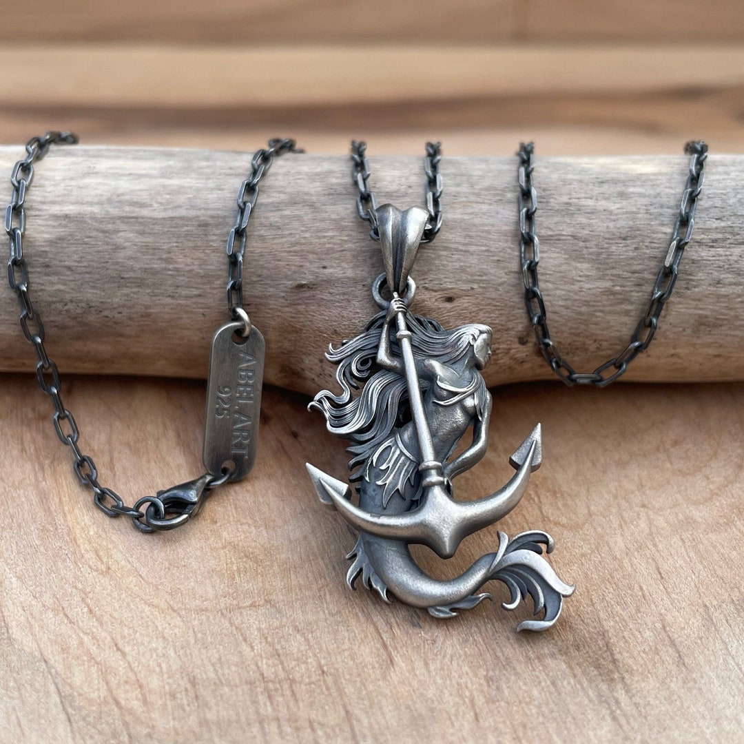 Anchor Mermaid Pendant, Mermaid Siren Charm Oxidized Silver Necklace, Mermaid Jewelry Necklace