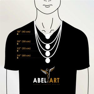 May include: A diagram showing different necklace lengths on a person's neck. The lengths are 18 inches (45 cm), 20 inches (50 cm), 22 inches (55 cm), and 24 inches (60 cm). The text "ABEL ART LUXURY JEWELRY DESIGN" is at the bottom of the image.