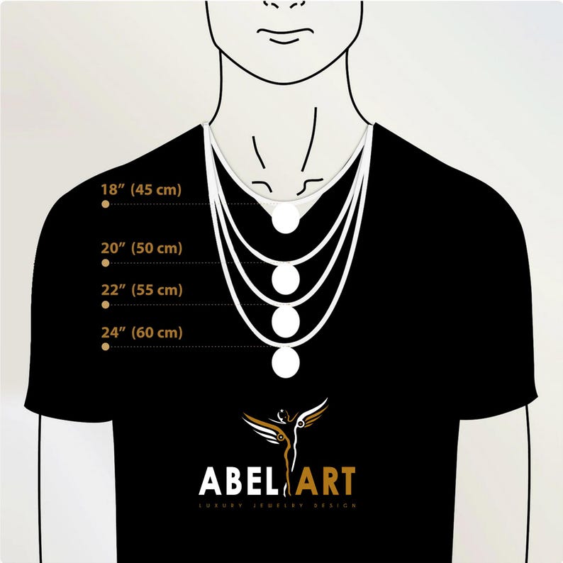 May include: A diagram showing different necklace lengths on a person's neck. The lengths are 18 inches (45 cm), 20 inches (50 cm), 22 inches (55 cm), and 24 inches (60 cm). The text "ABEL ART LUXURY JEWELRY DESIGN" is at the bottom of the image.