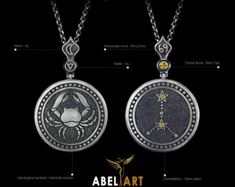 Gepersonaliseerde sterlingzilveren ketting met sterrenbeeld Kreeft: gegraveerd sterrenbeeld