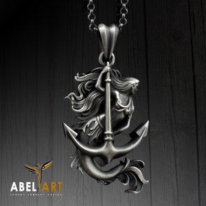 Mermaid Pendant – Sterling Silver Siren Necklace – Anchor Jewelry, Mythical Sea Goddess Charm, Fantasy Ocean Jewelry