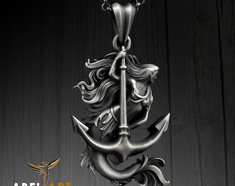 Mermaid Pendant – Sterling Silver Siren Necklace – Anchor Jewelry, Mythical Sea Goddess Charm, Fantasy Ocean Jewelry