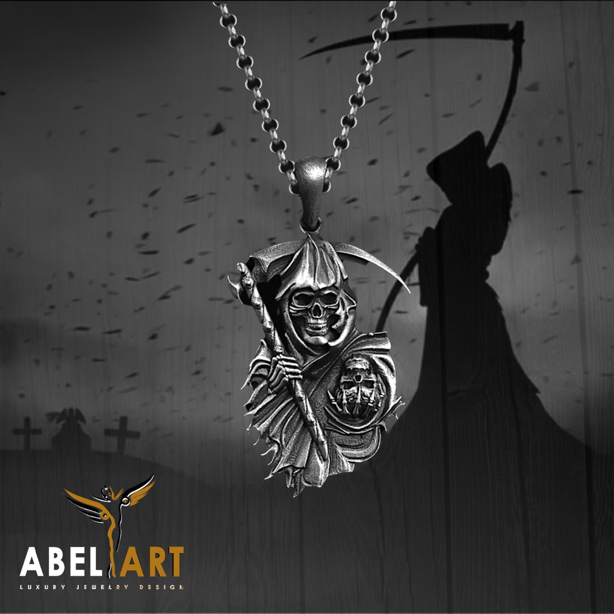 Oxidized Sterling Silver Grim Reaper Necklace: Gothic Skull